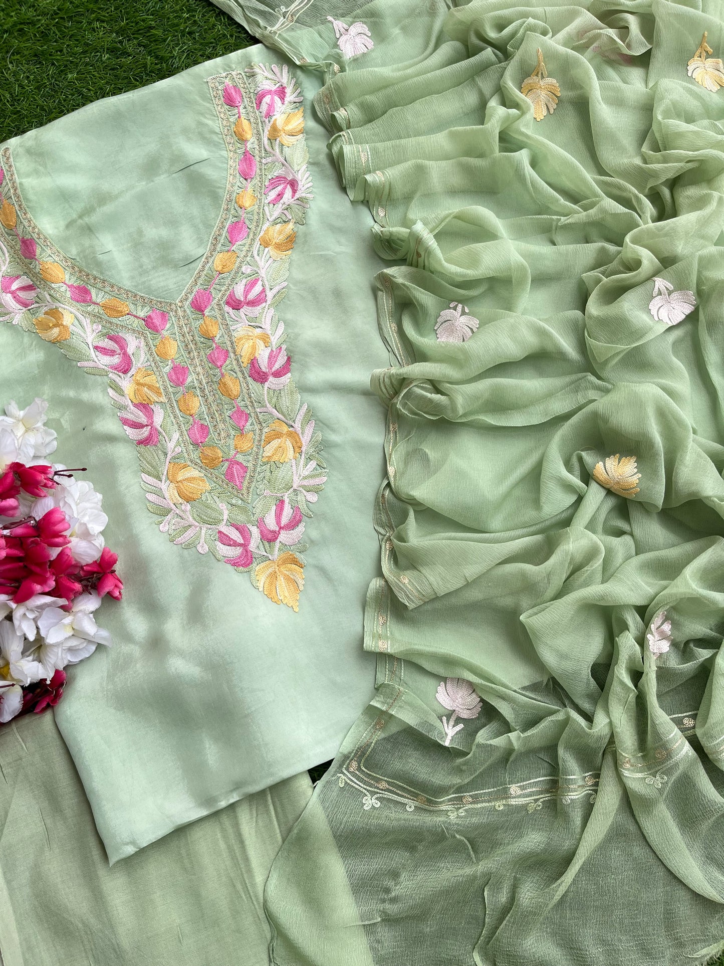 Green Opada Silk Kashmiri Suits