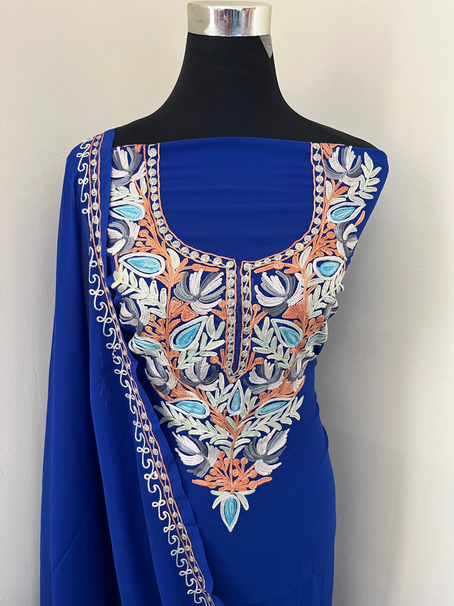 Electric Blue Georgette Shirt and Dupatta Aari Embroidered Suit