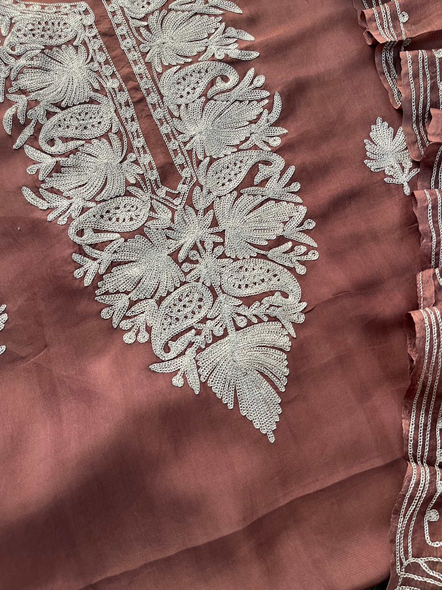 Coffee Brown Silk Tilla Kashmiri Suit
