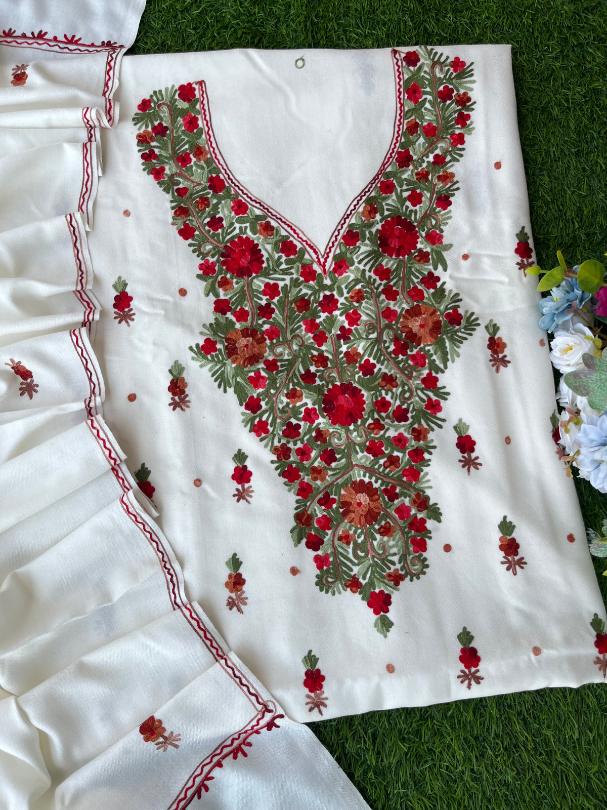 Off White Woollen Aari Embroidered 3pc suit