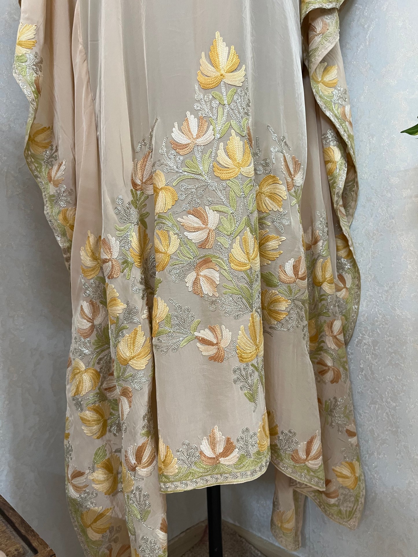 Beige Pure Crape Kashmiri Kaftan