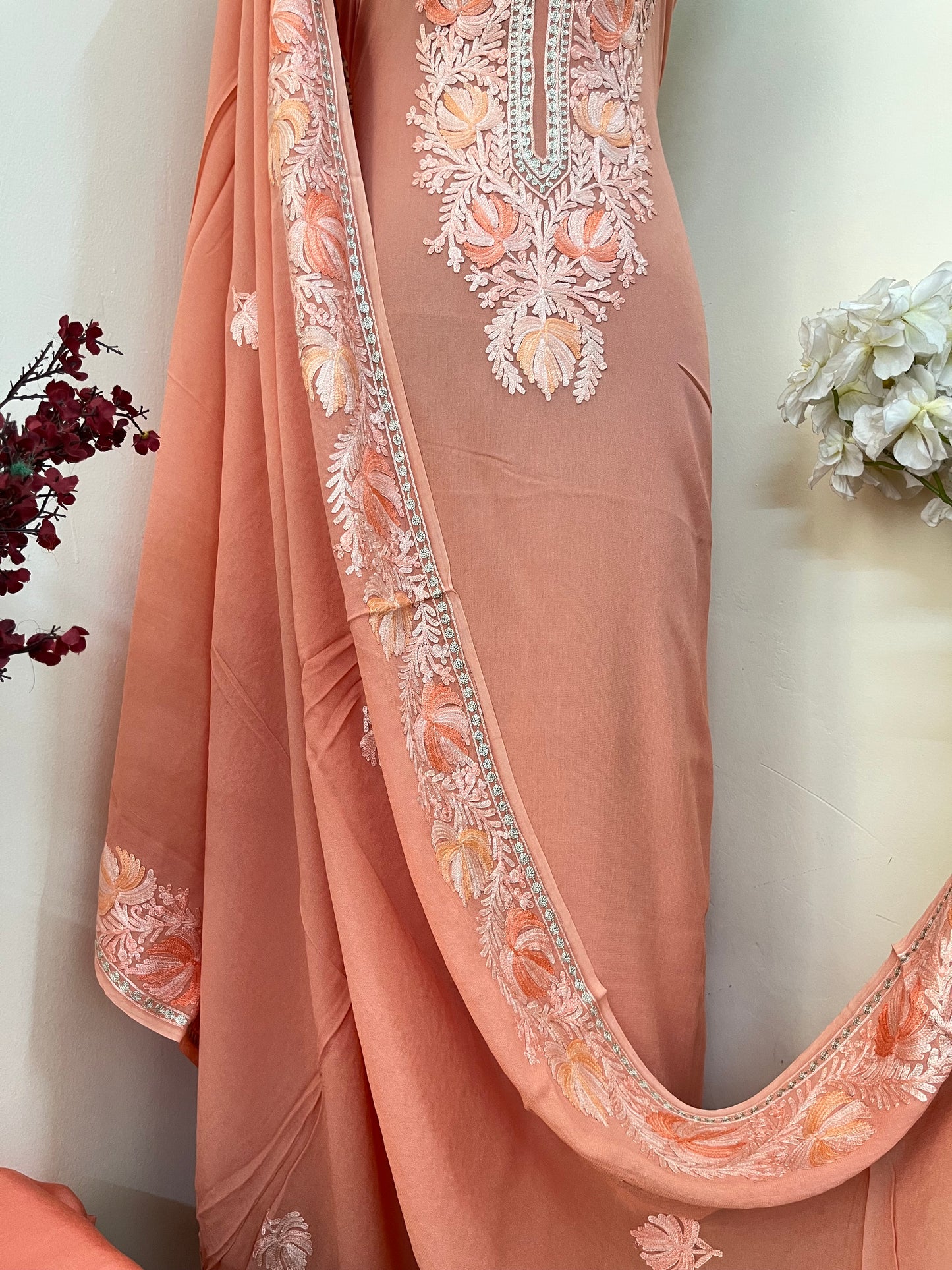 Peach Pure Georgette Kashmiri Suit