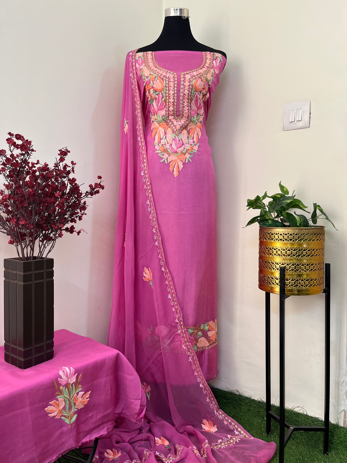 Mauve Opada Silk Aari Embroidered Suit material