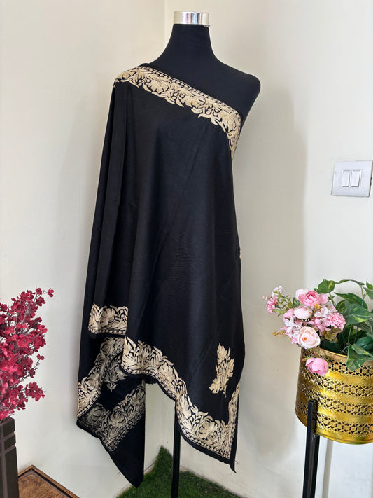 Black Fine Semi Pashmina Tilla Embroidered stole