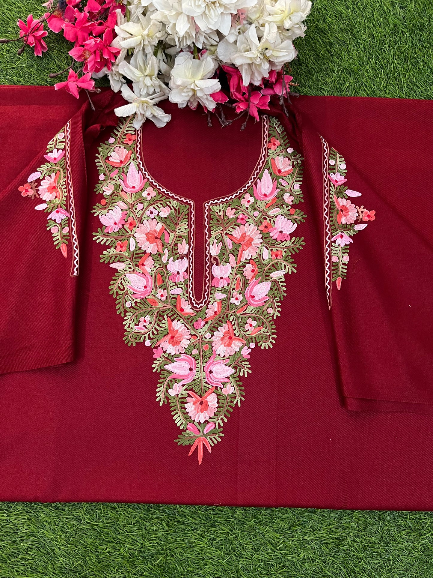Maroon Woollen Aari Embroidered 2pc suit 5mtr