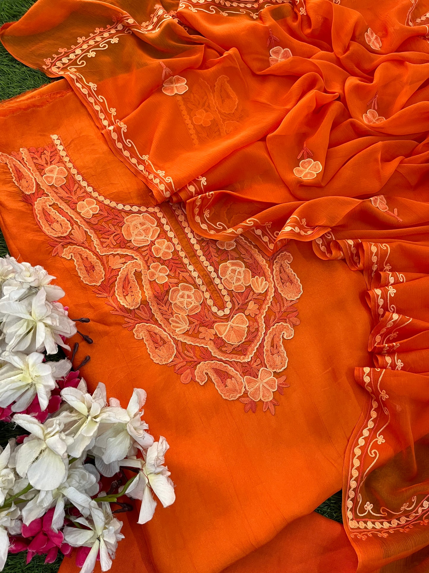 Orange Opada Silk Kashmiri Suit