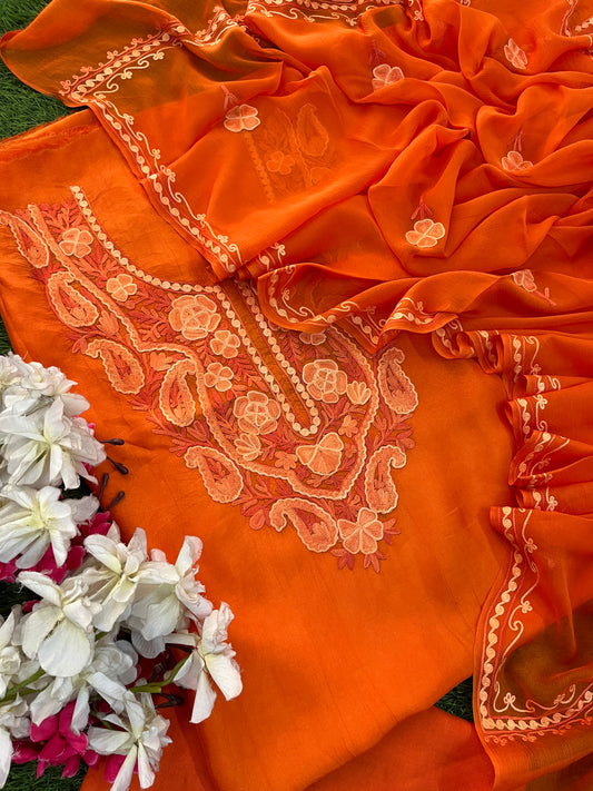 Orange Opada Silk Kashmiri Suit