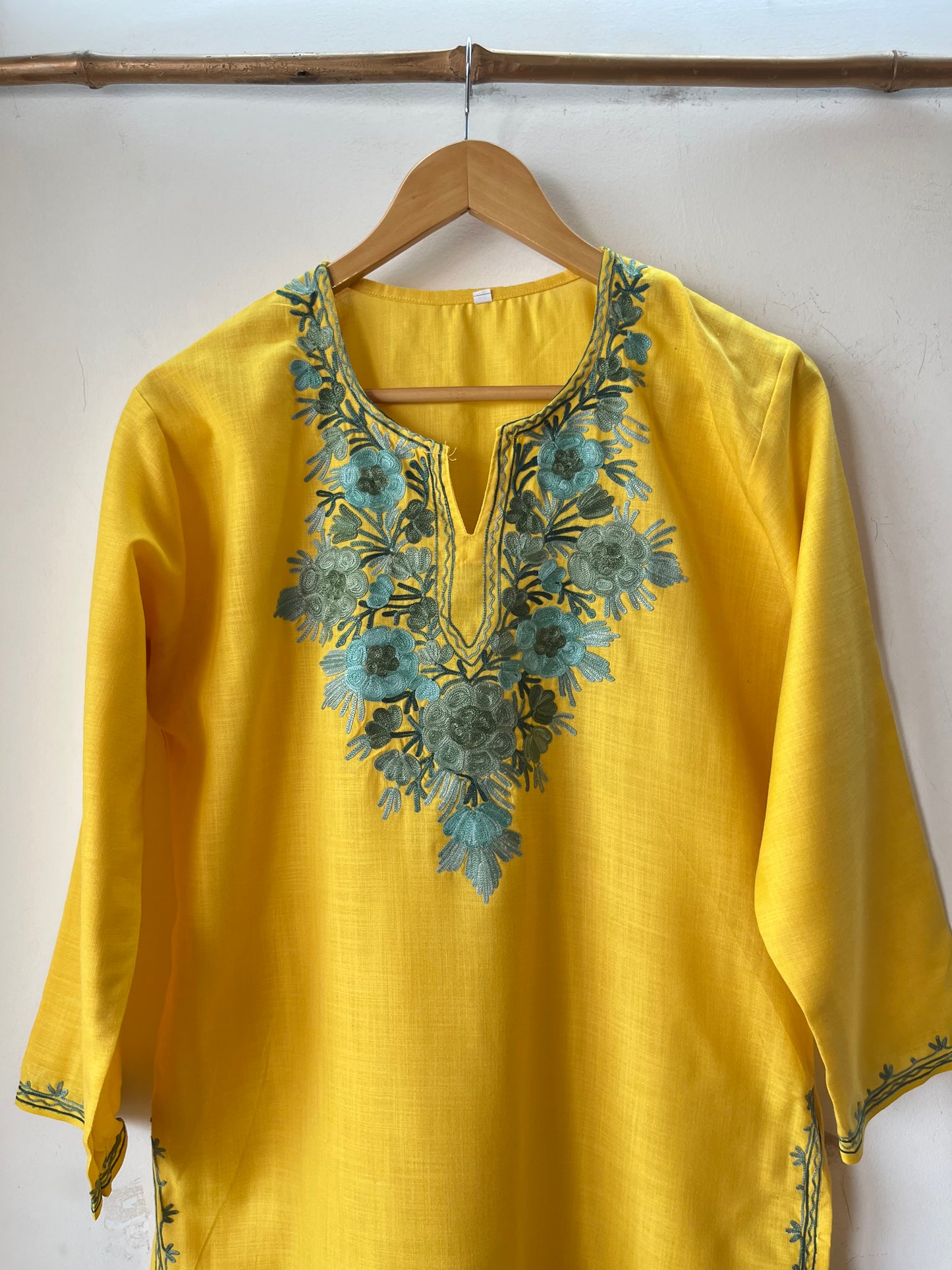 Yellow Cotton Aari Work Kurta