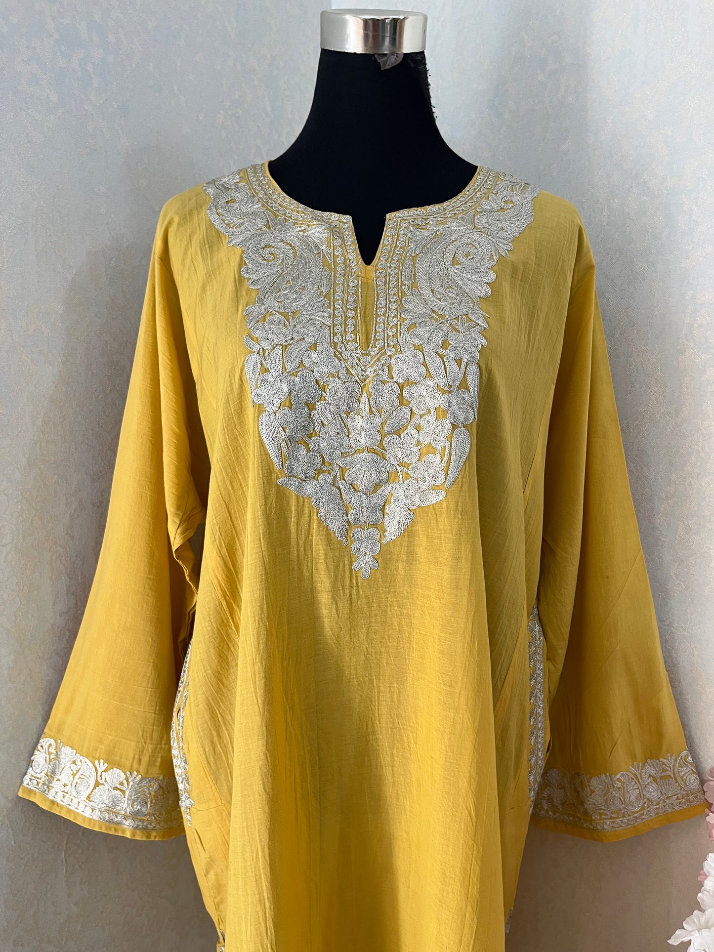 Soft Yellow Cotton Kashmiri Pheran Set (48)