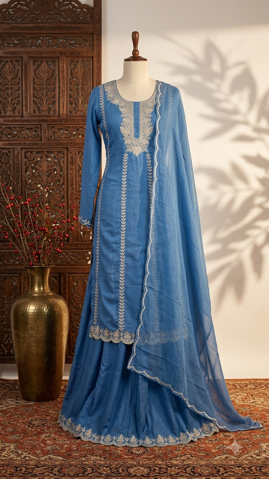 Soft Blue Sanam’ Silk Tilla Kashmiri Suit