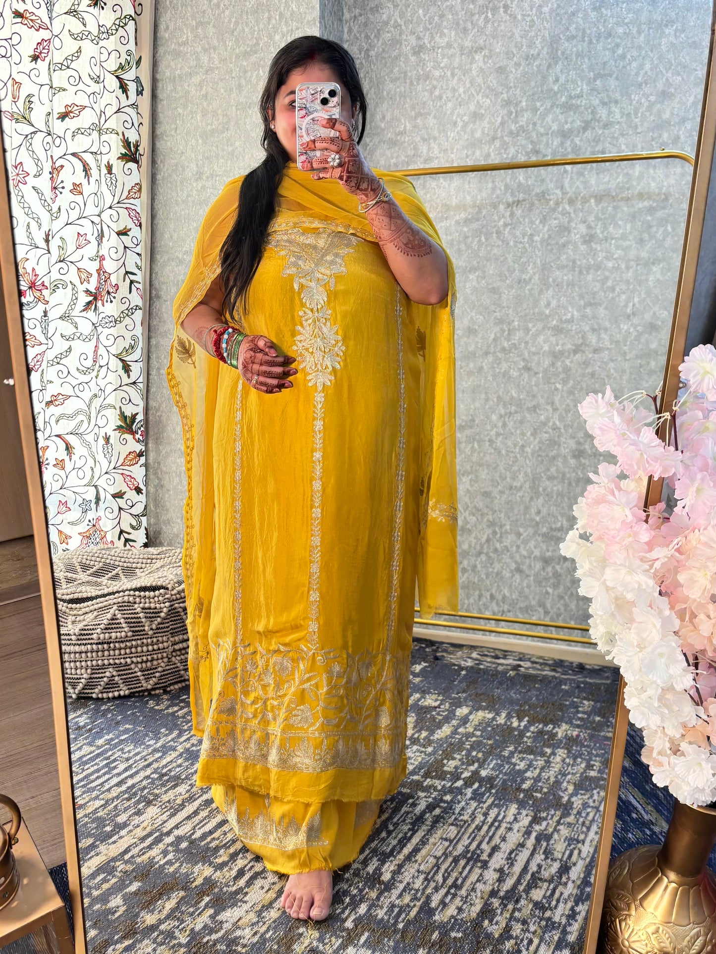 Golden Yellow Tilla Kashmiri Silk Suit