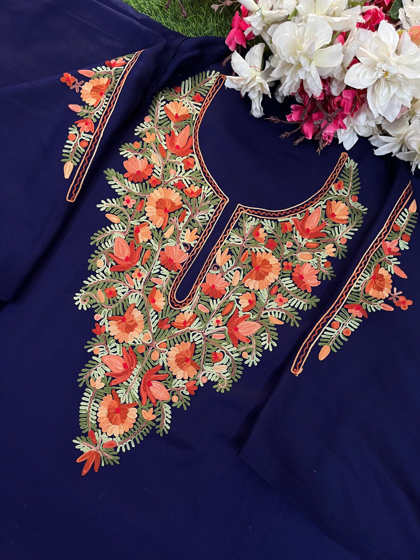Navy Blue Woollen Aari Embroidered 2pc suit 5mtr