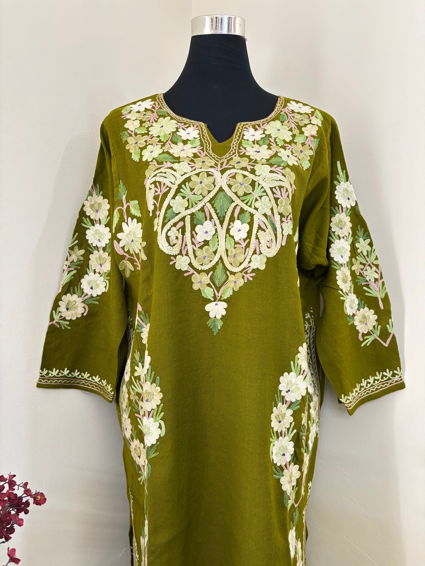 Henna Green Aari Embroidered Wool Pheran