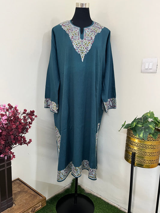 English Blue Aari and Sozni Hand Embroidered Pure Wool Pheran