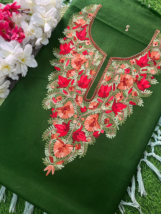 Green Woollen Aari Embroidered 2pc suit 5mtr