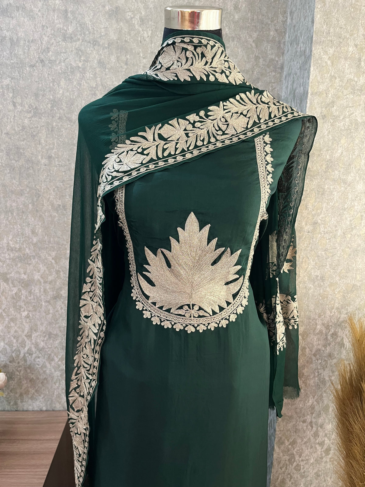 Bottle Green Sanam’ Tilla Kashmiri Silk Suit