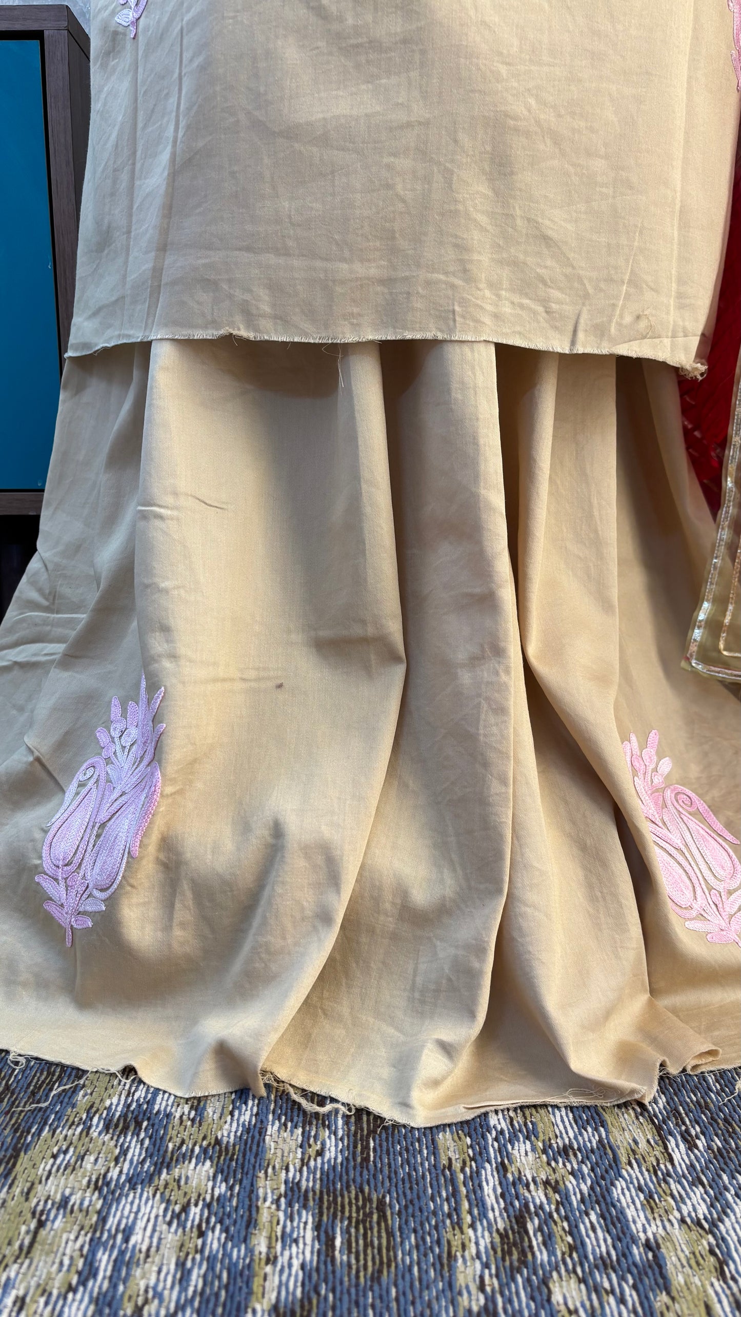 Beige Satin Cotton Kashmiri Suit