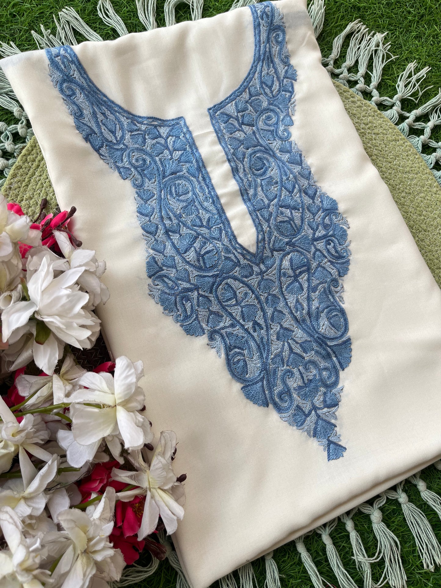 Off White Cotton Two Piece Suit (Hand Embroidered)