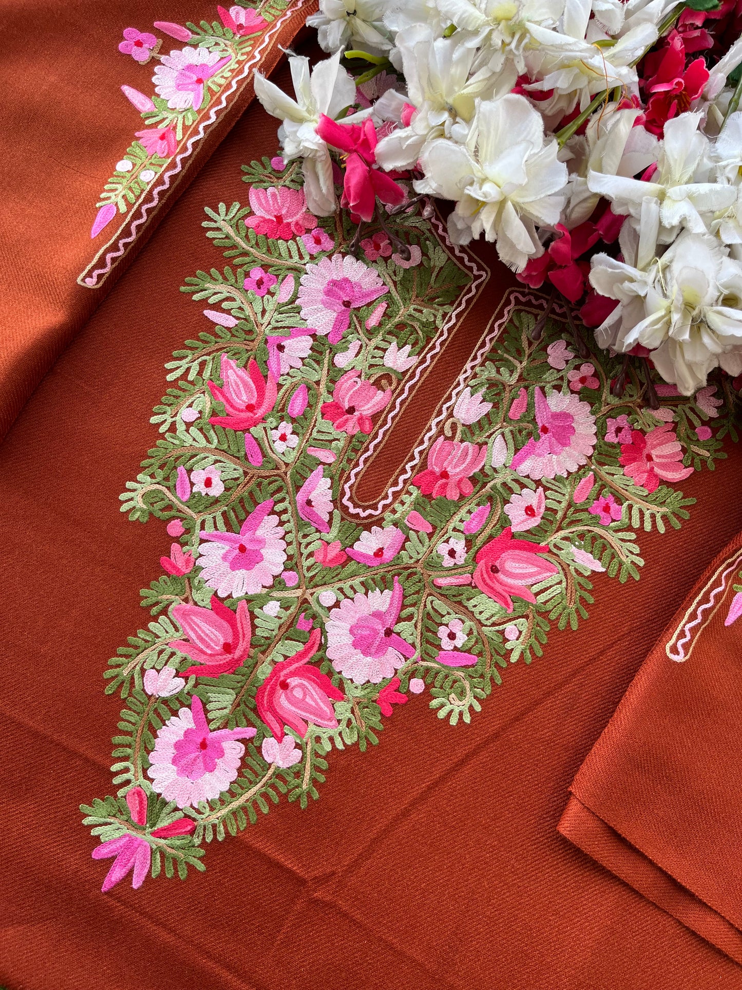 Rust Orange Woollen Aari Embroidered 2pc suit 5mtr