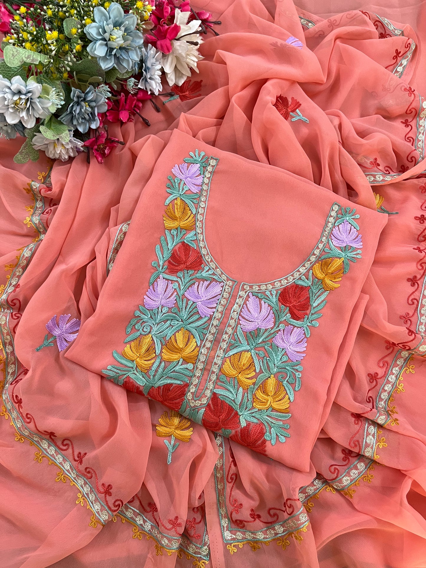 Pink Georgette 3 Pc Aari Embroidered Suit Set