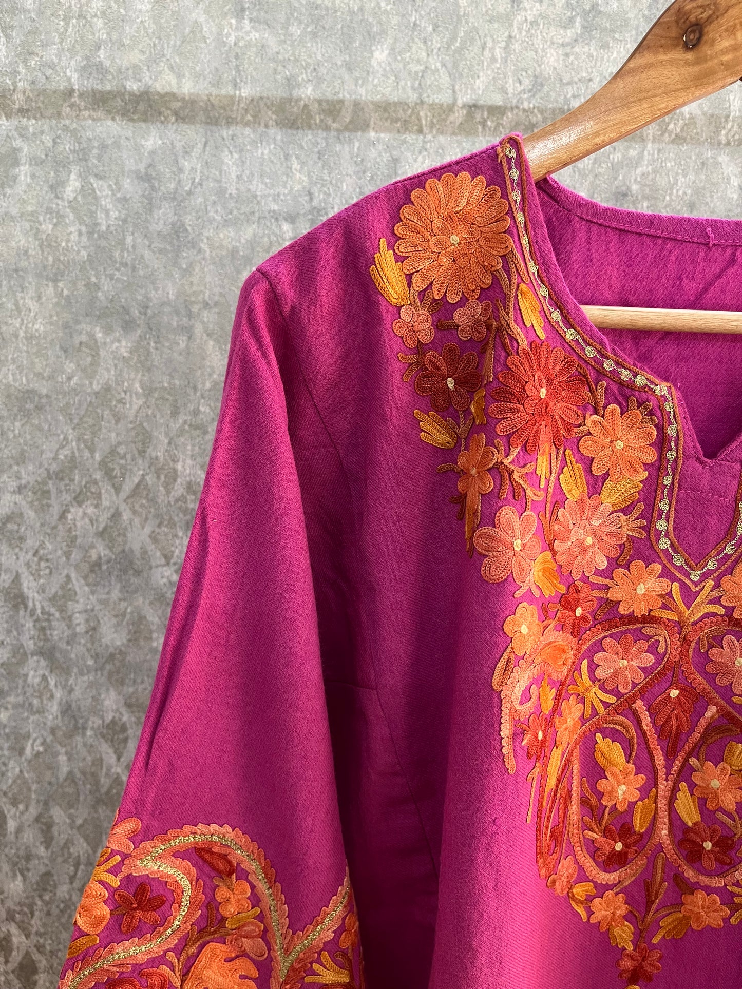 Rose Pink Aari Embroidered Wool Pheran
