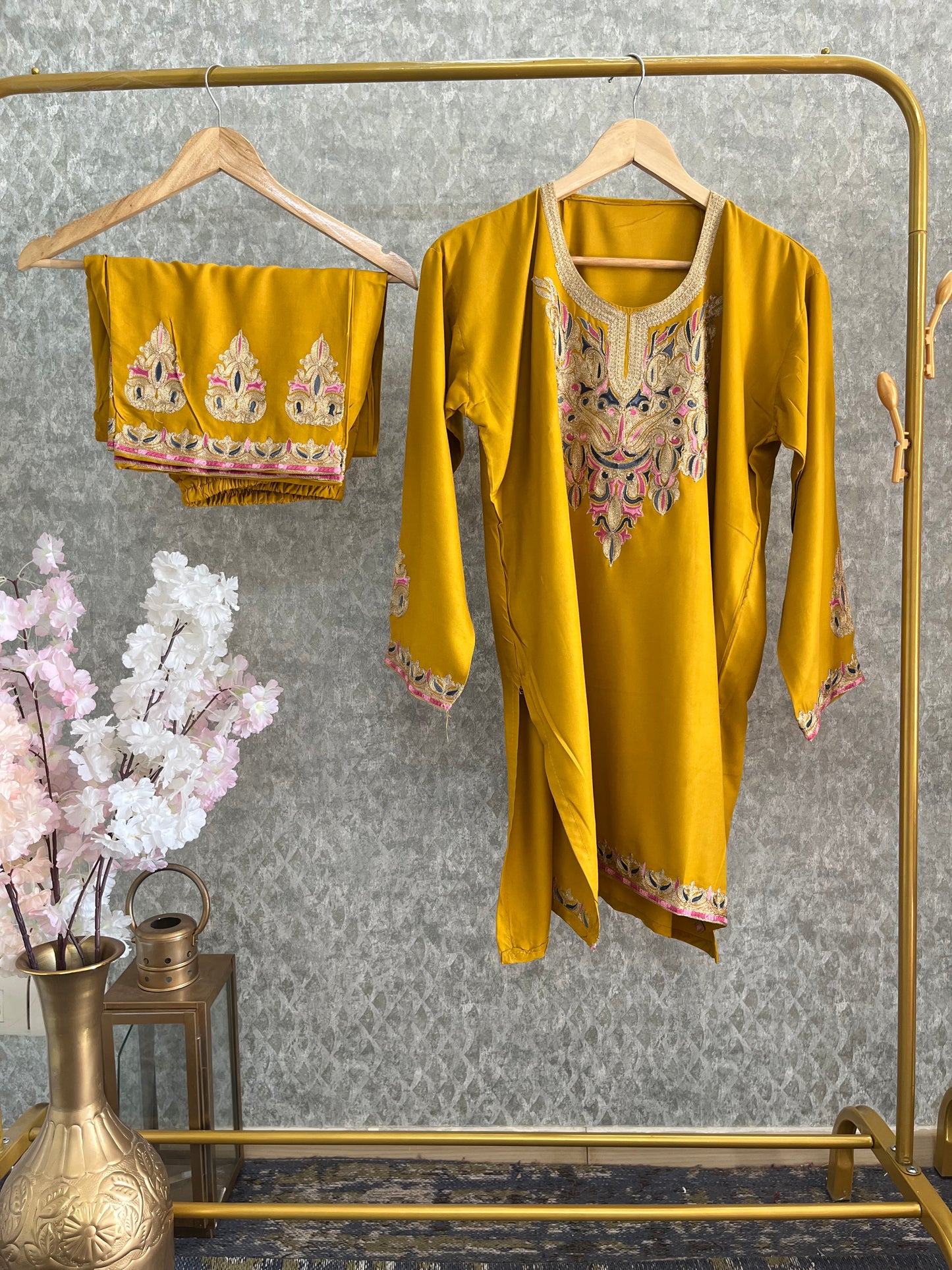 Golden Yellow Cotton Stitched Co-ord Set( 42)