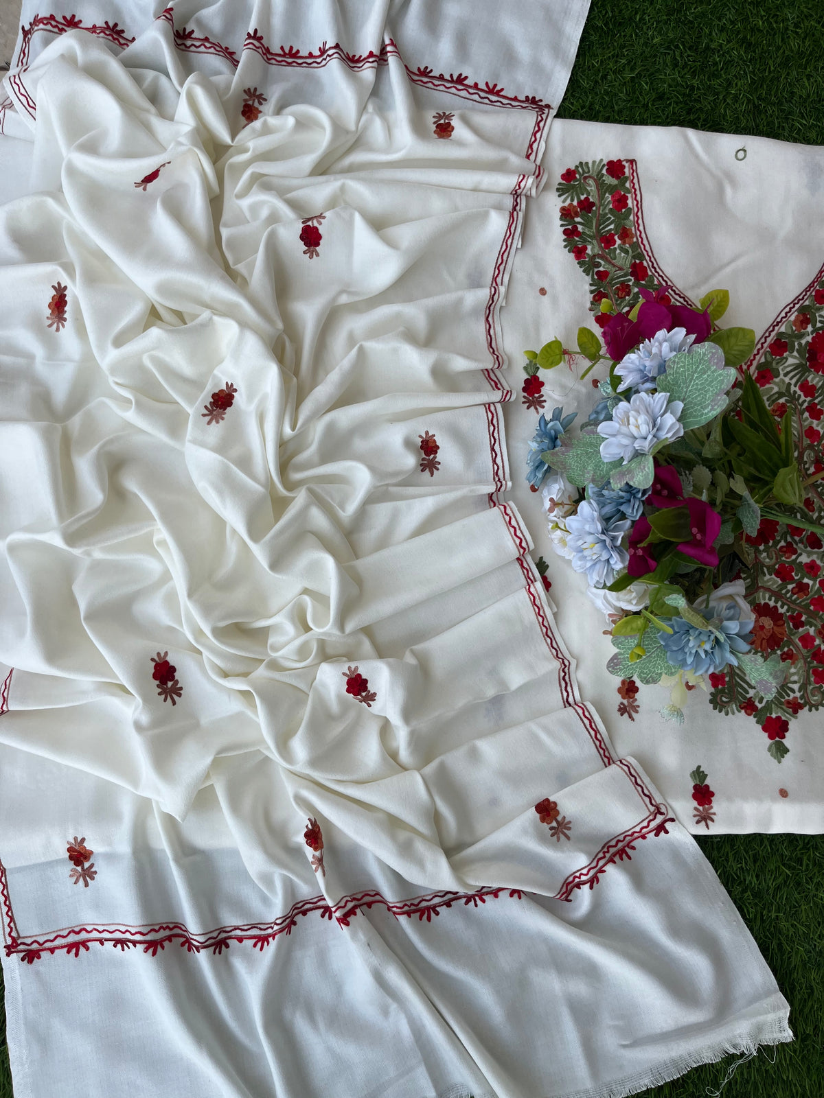 Off White Woollen Aari Embroidered 3pc suit
