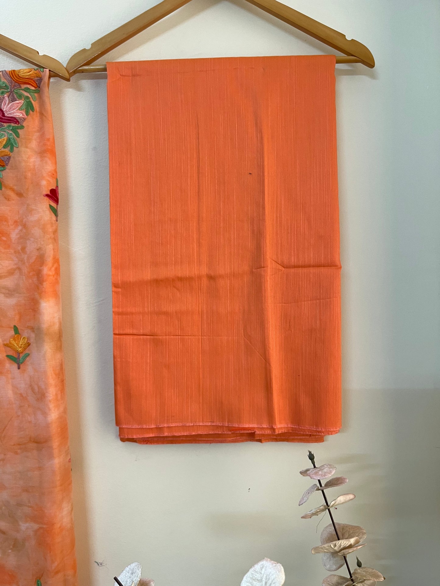 Tangerine Orange Self Work Satin Cotton Unstitched Co-ord Set
