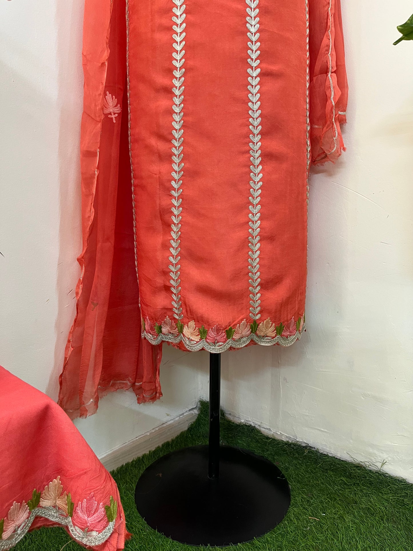 Sanam’ Orange Silk Aari Embroidered Suit material