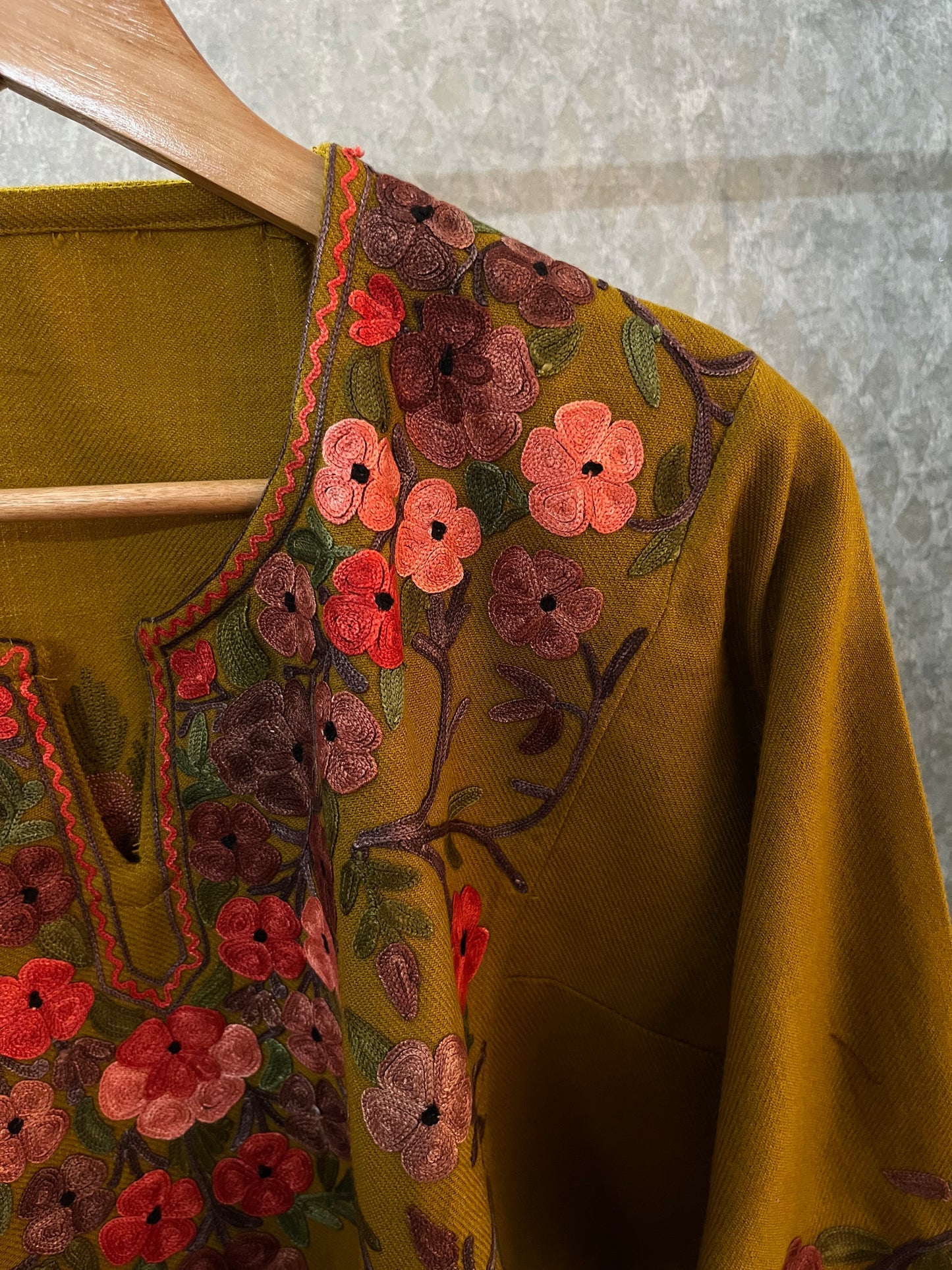 Mustard Gold Aari Embroidered Wool Pheran