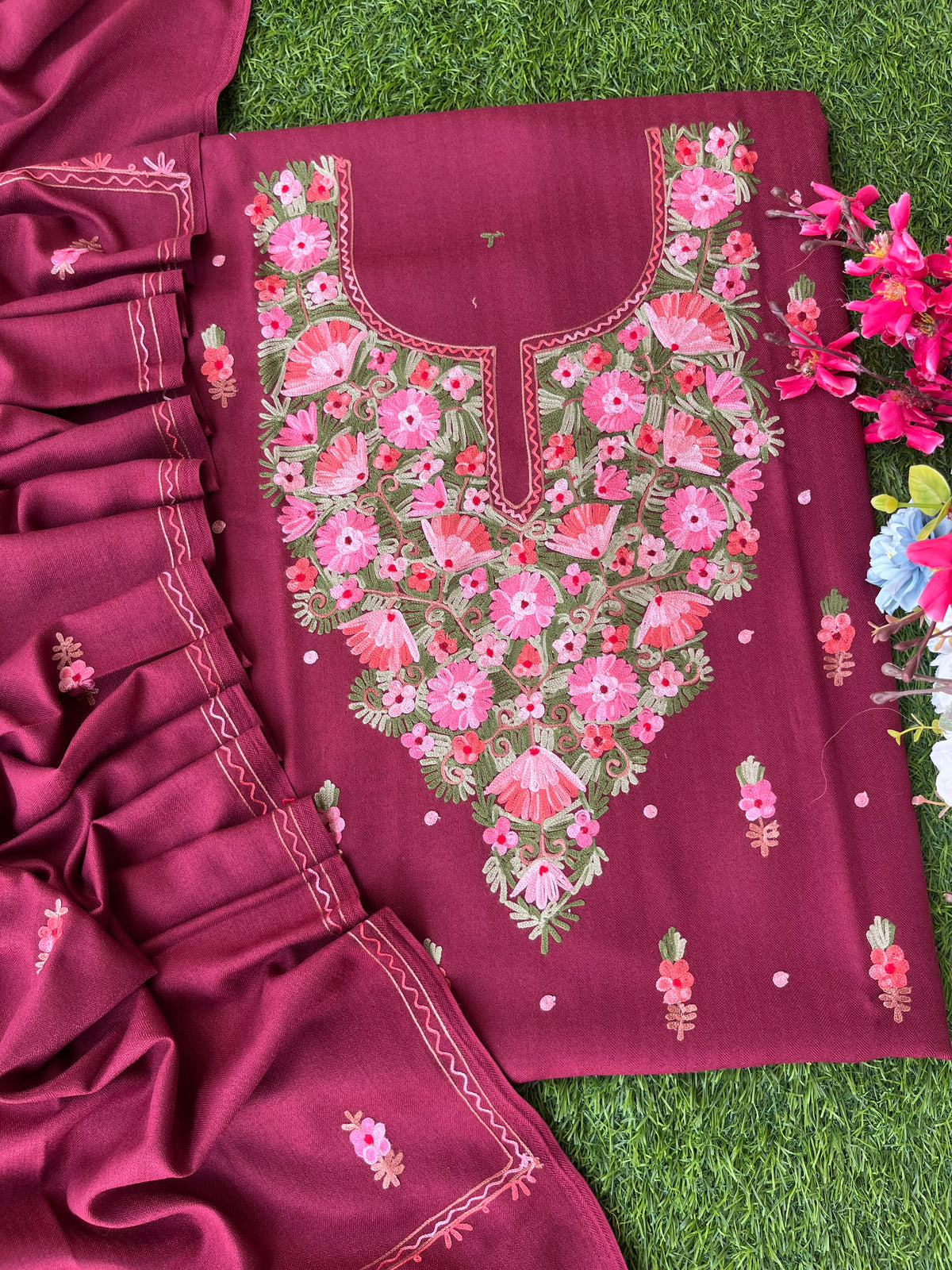 Maroon Woollen Aari Embroidered 3pc suit