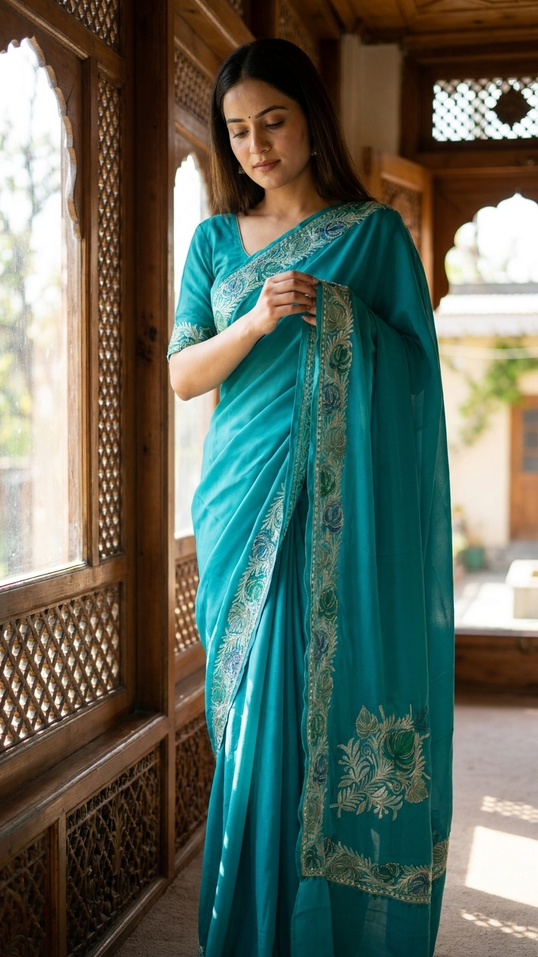 Blue Crape Kashmiri Saree with Tilla Outline