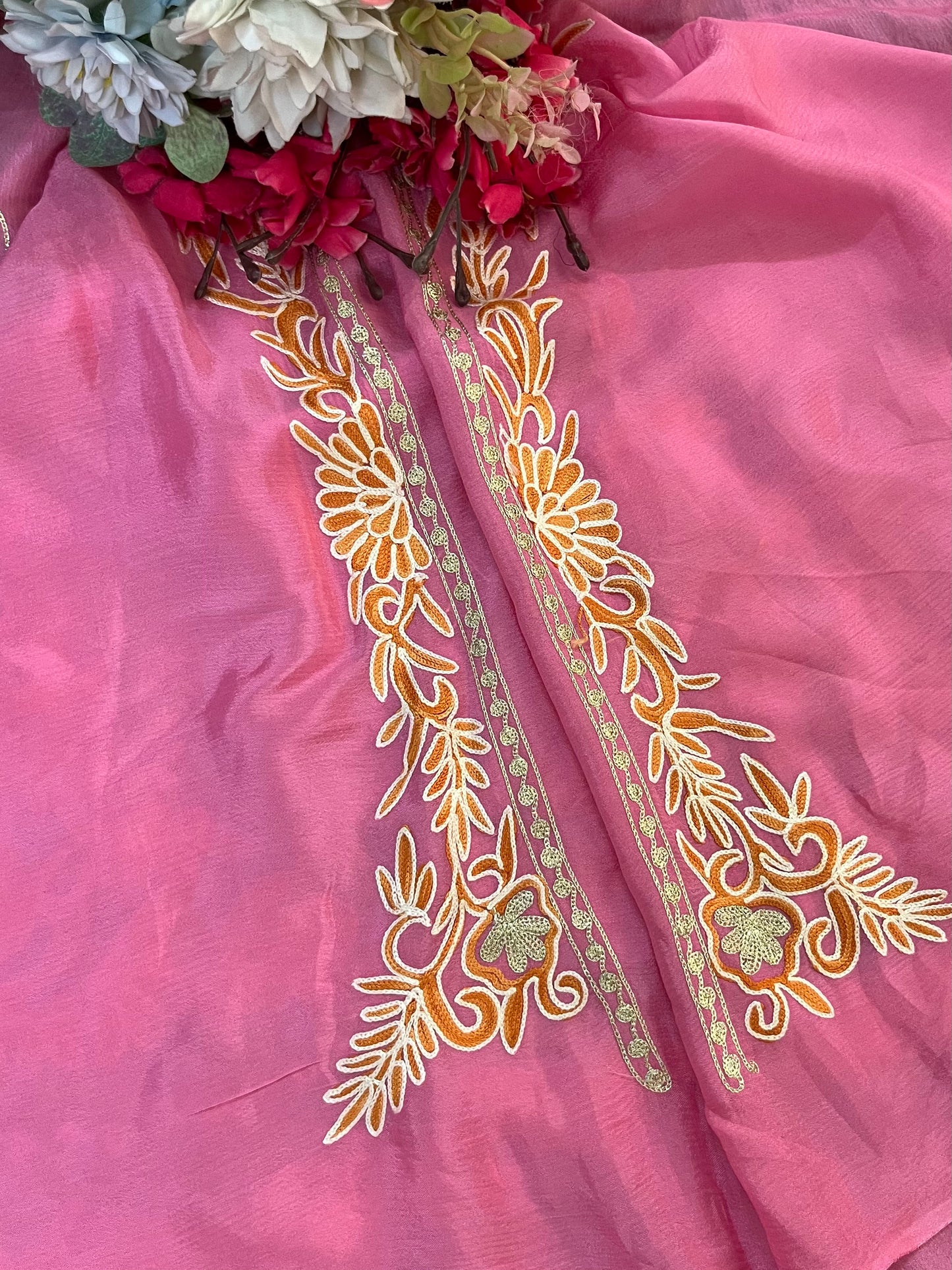 Pink Pure Chinon 3 Pc Heavy Front Back Kashmiri Suit