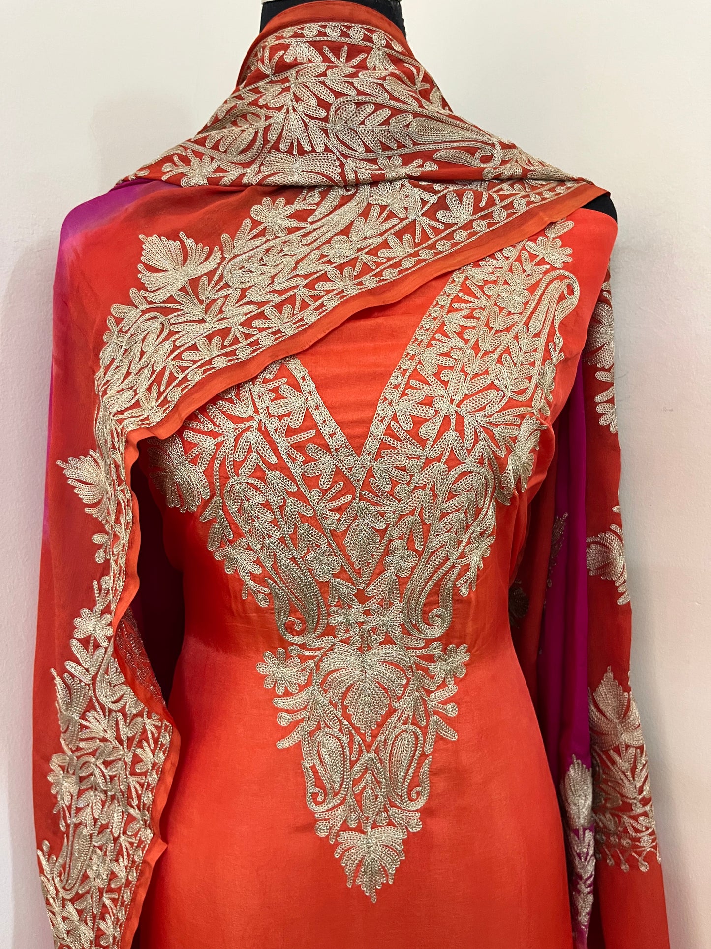 Sanam Orange Silk Kashmiri Suit