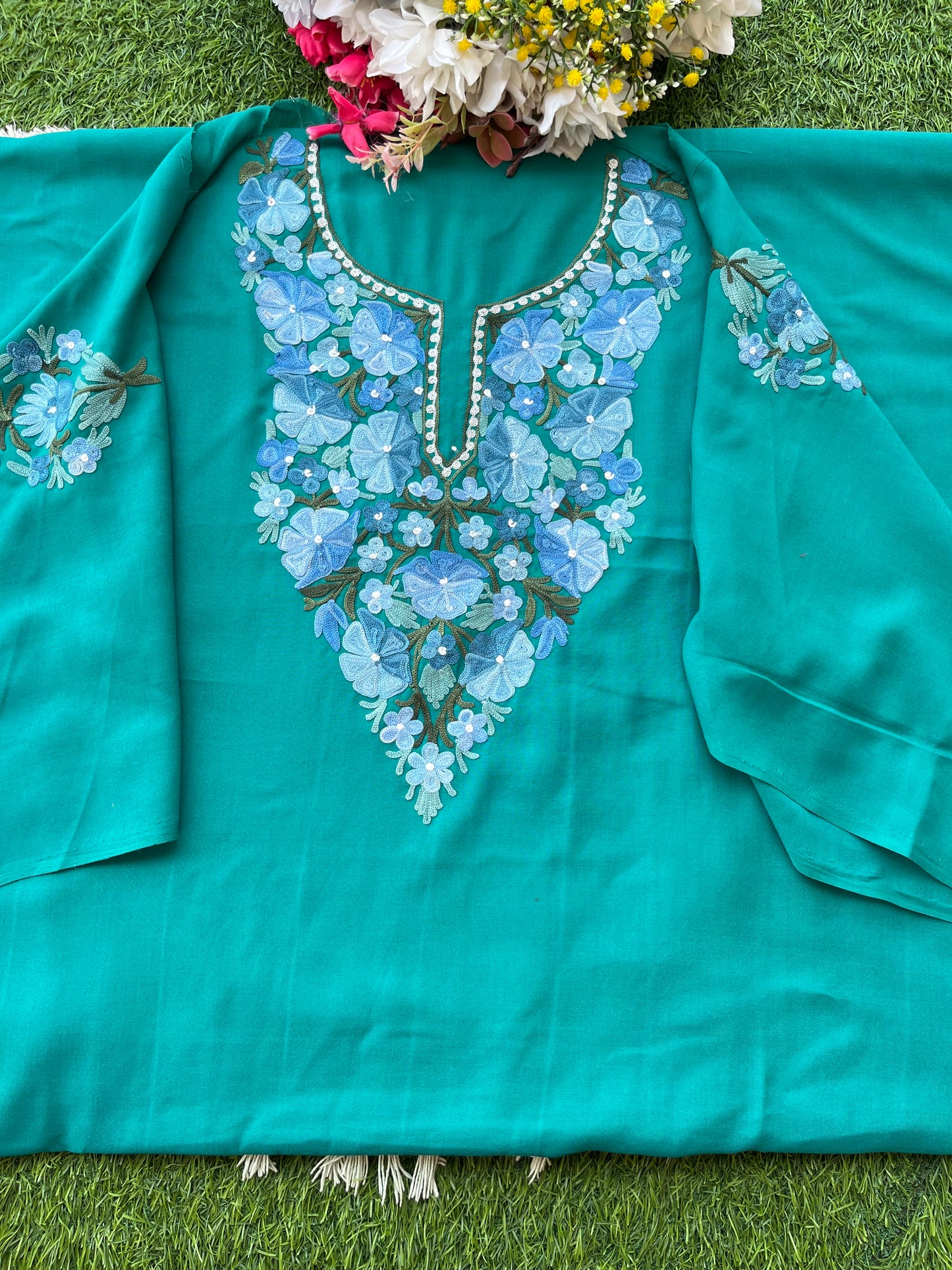 Green Aari Embroidered Cotton Suit Set