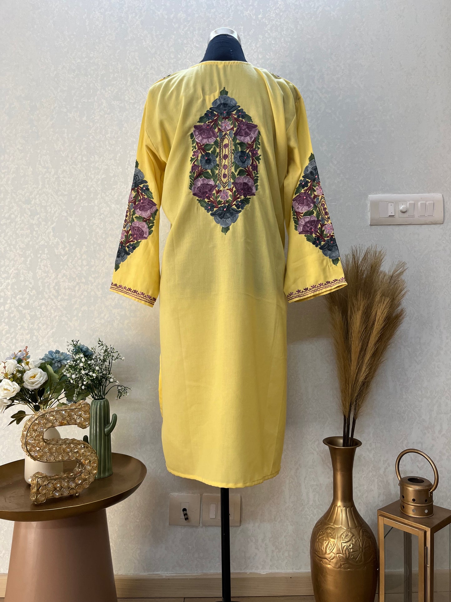 Yellow Cotton Aari Work Kurta