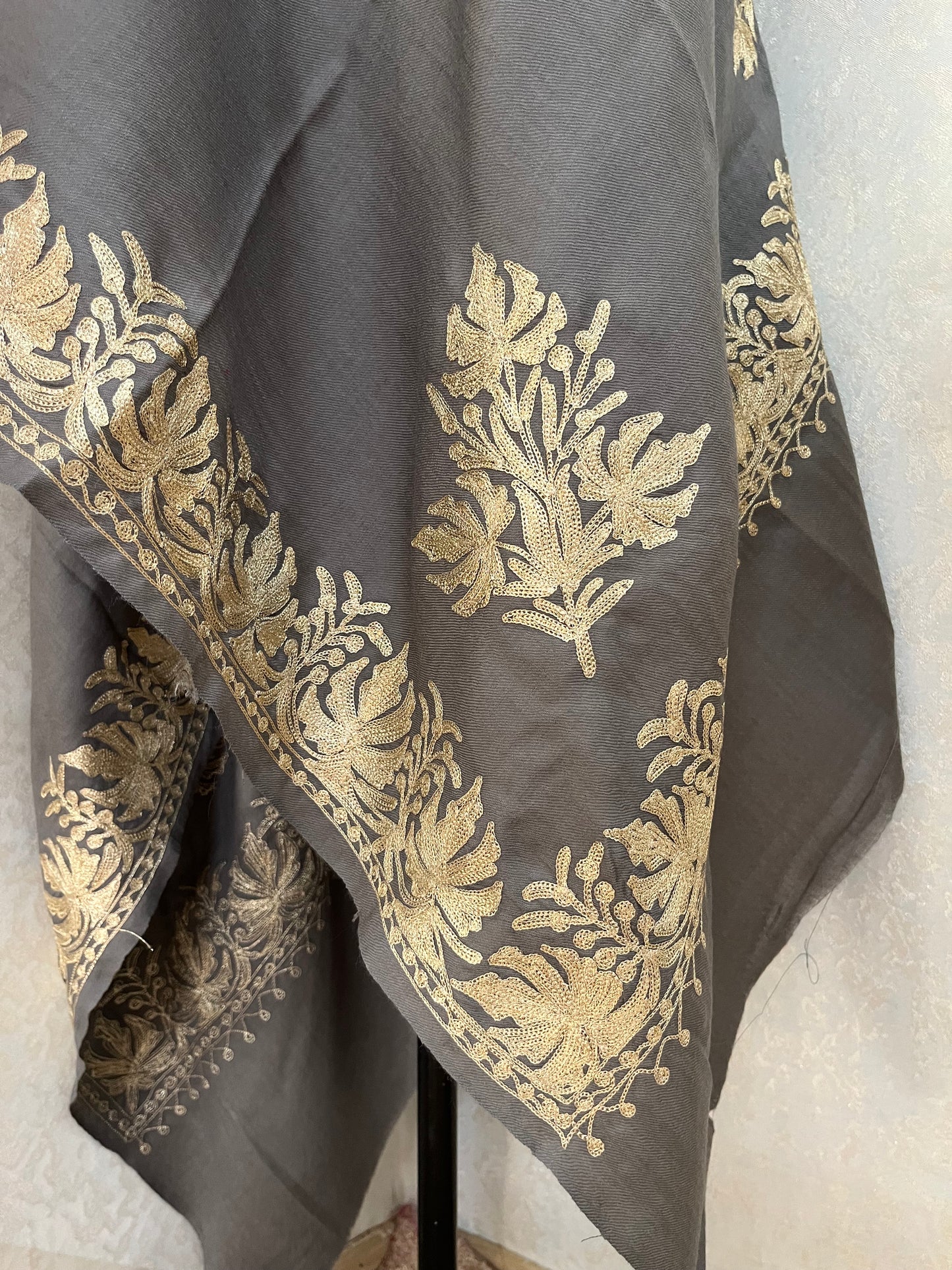 Grey Semi Pashmina Tilla Embroidered stole