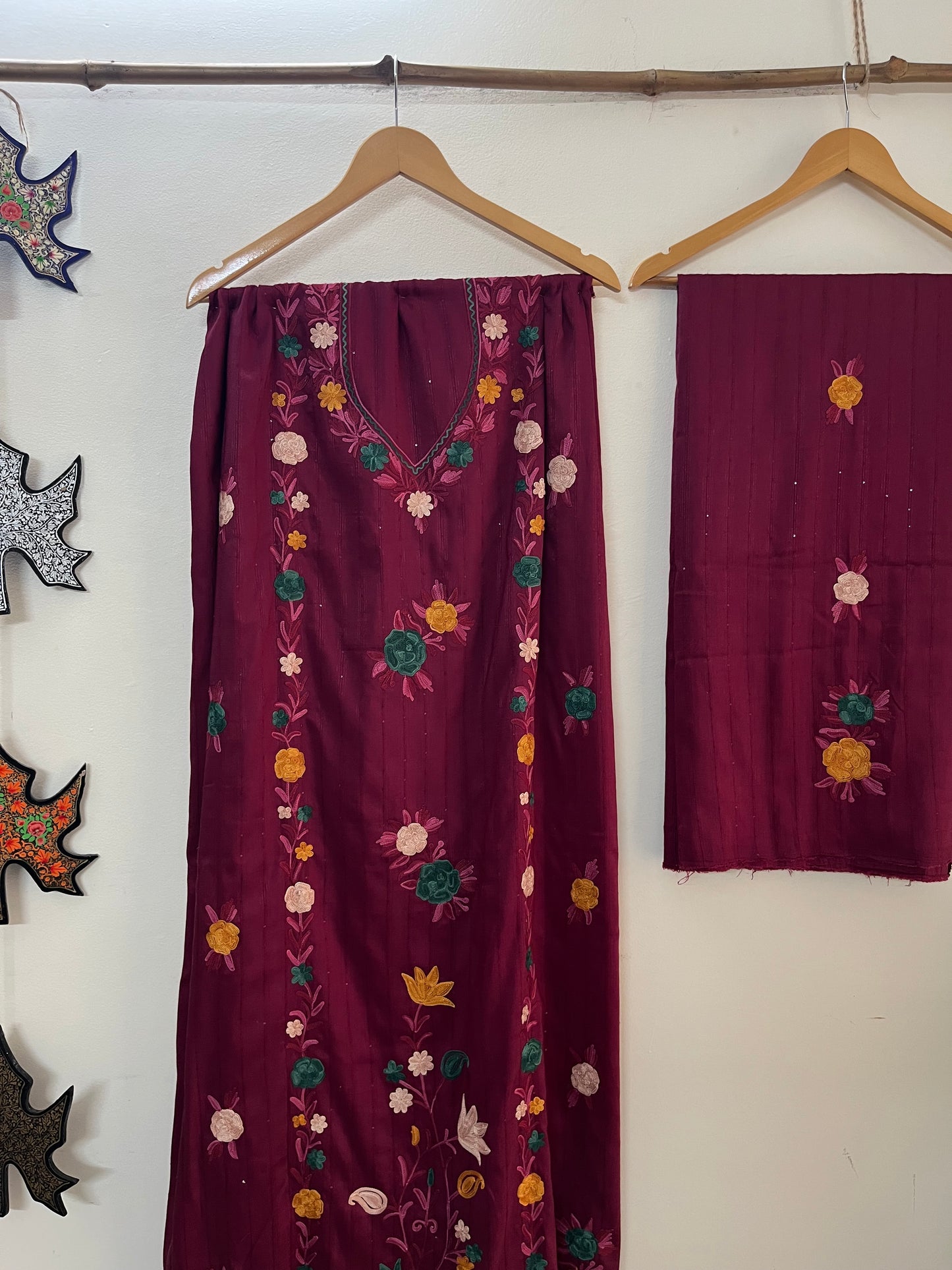Burgundy Muslin Cotton Striped Sequin Pattern Unstitched Co-ord Set