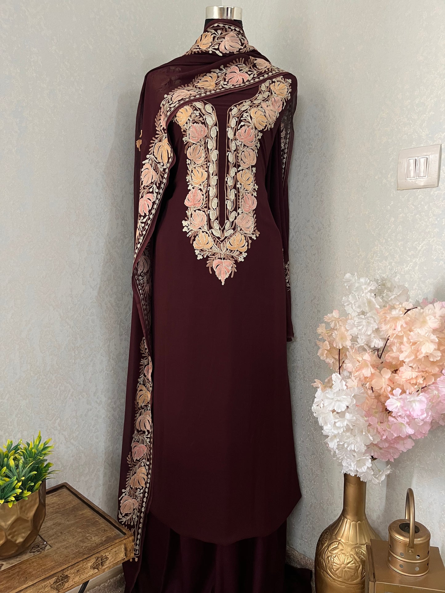 Brown Pure Georgette Kashmiri Suit