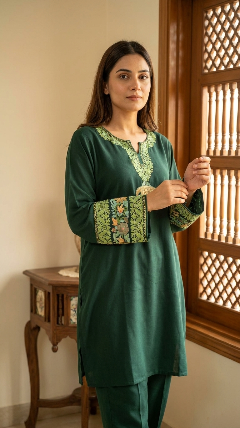 Bottle Green Cotton Embroidered Co-ord Set(40)