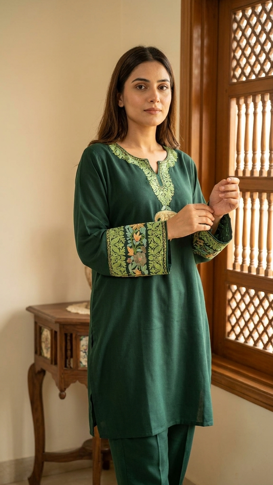 Bottle Green Cotton Embroidered Co-ord Set
