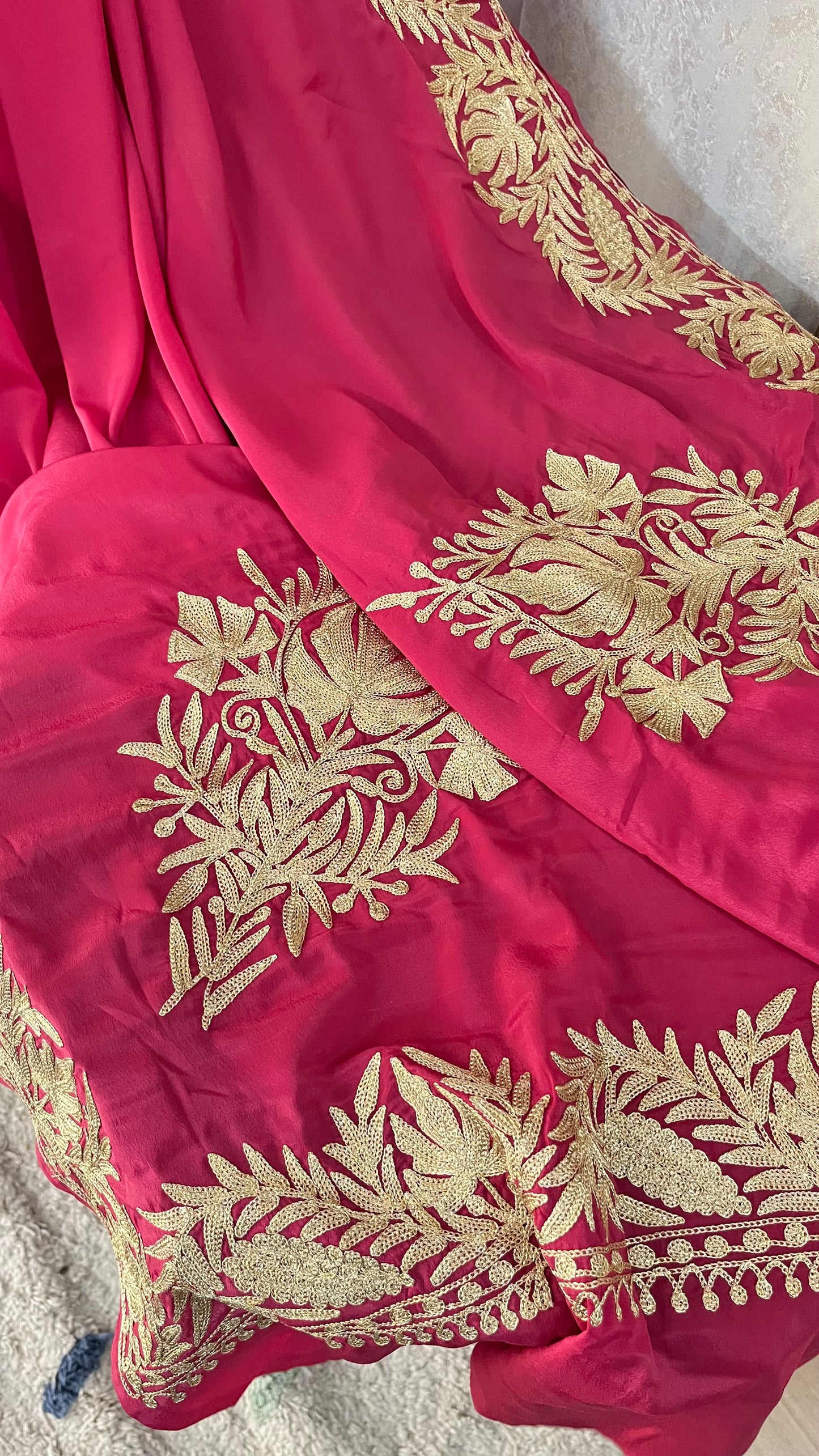 Pink Crape Kashmiri Tilla Saree