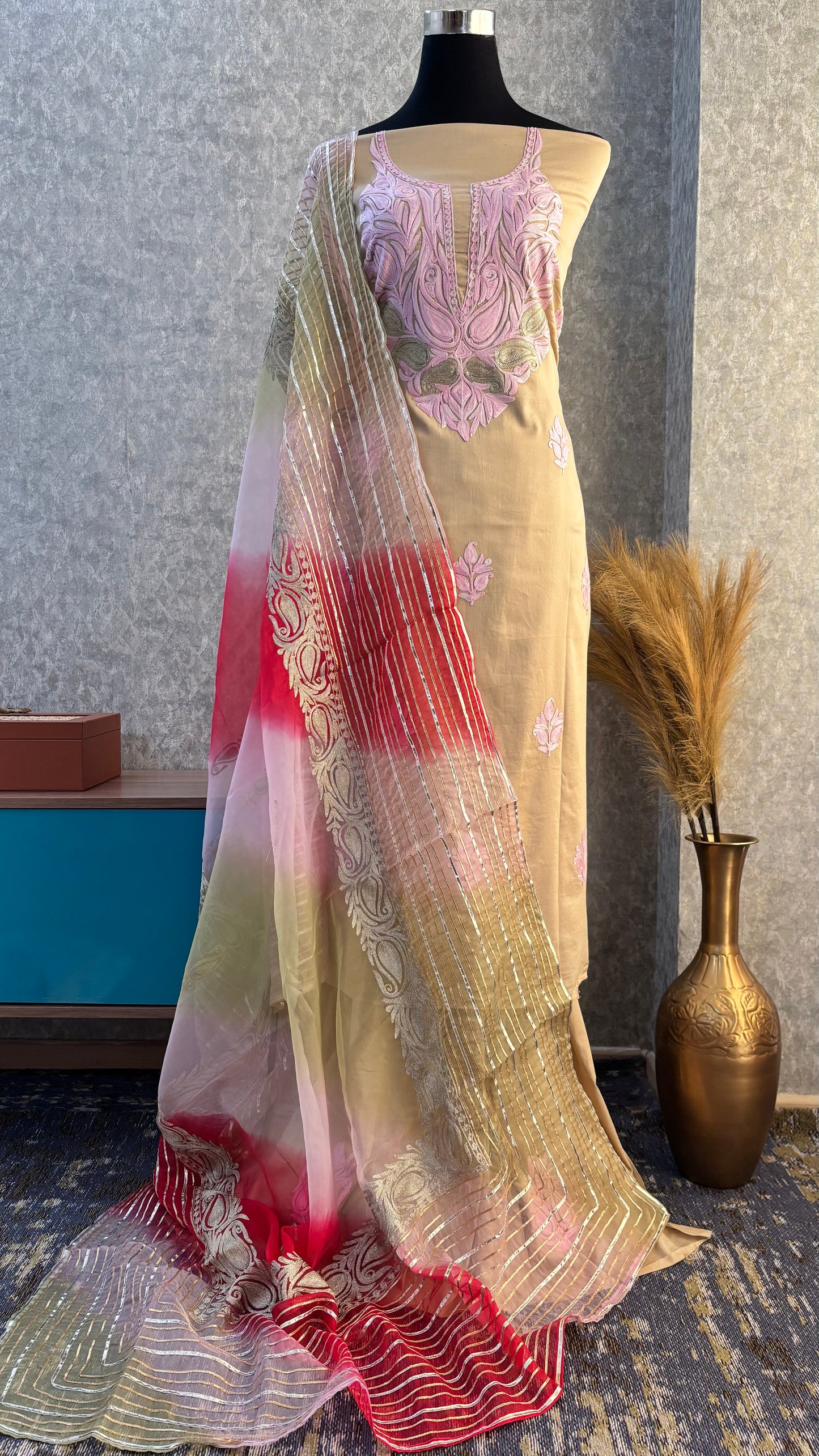Beige Satin Cotton Kashmiri Suit