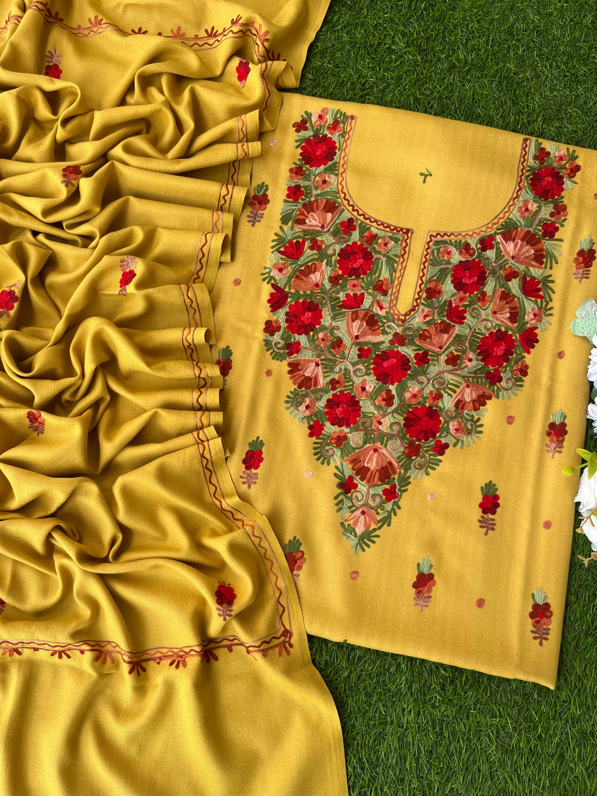 Yellow Woollen Aari Embroidered 3pc suit
