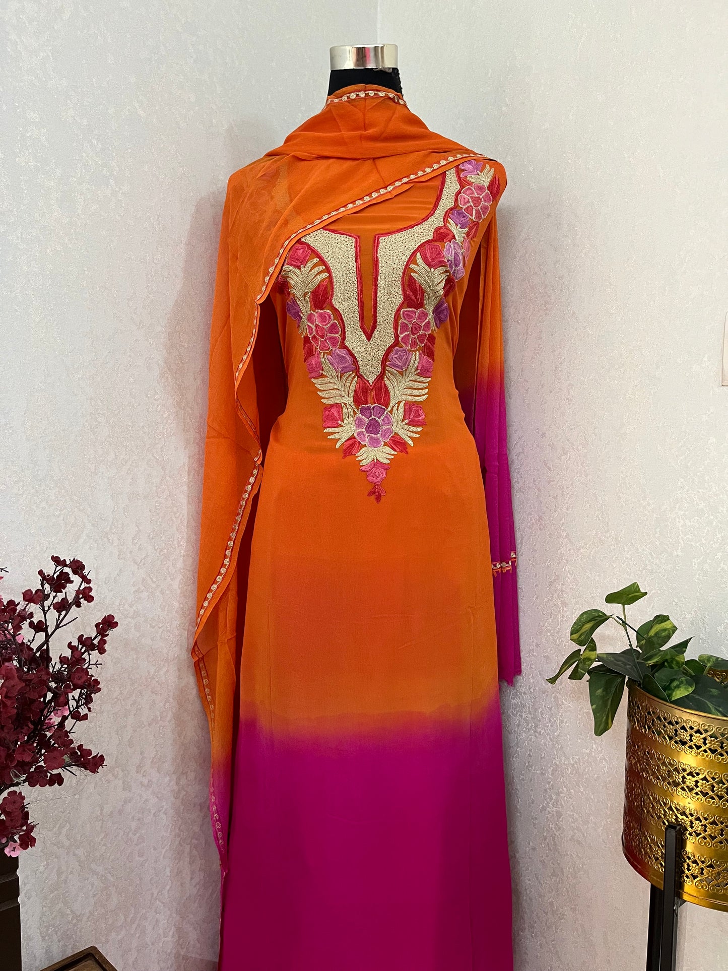 Orange Pure Georgette Double Shade Kashmiri Suit