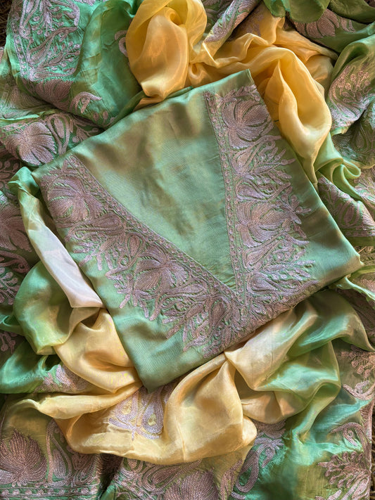 Sanam Pista Green Silk Kashmiri Suit