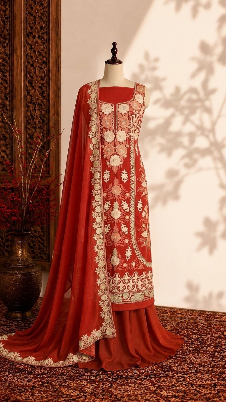 Soft Peach Pure Georgette 3 Pc Heavy Kashmiri Suit