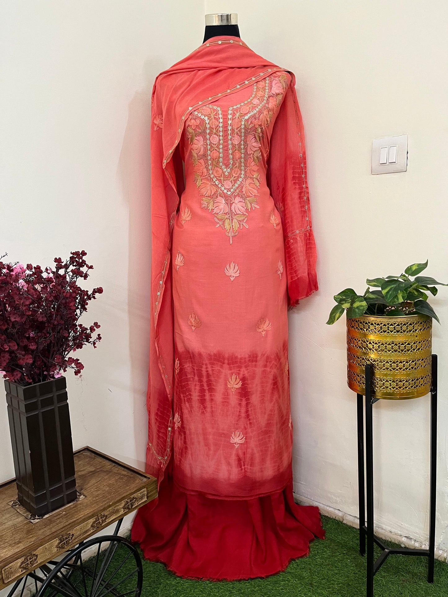 Orange Mul Cotton Shibori Work Kashmiri 3pc Suit