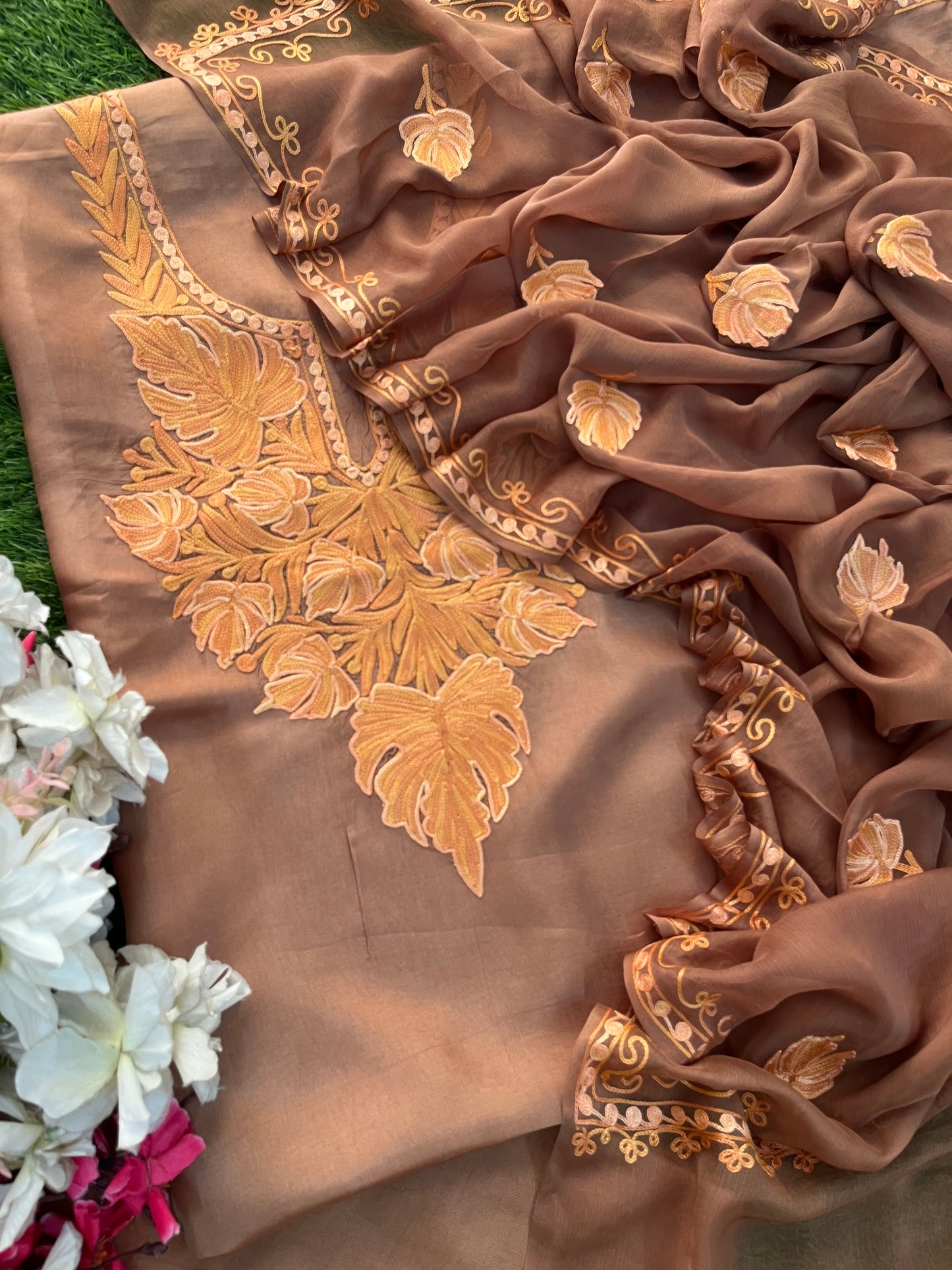 Soft Brown Opada Silk Kashmiri Suit