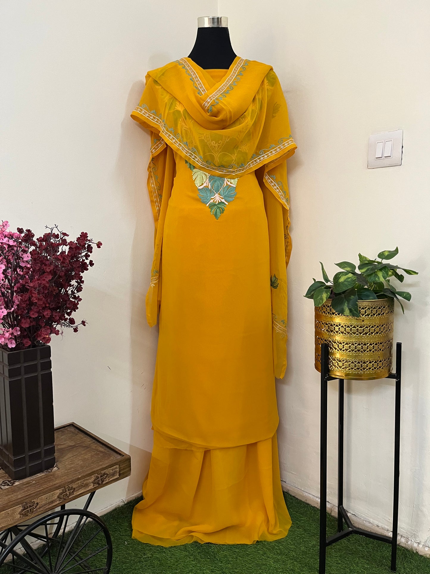 Mustard Georgette 3 Pc Aari Embroidered Suit Set